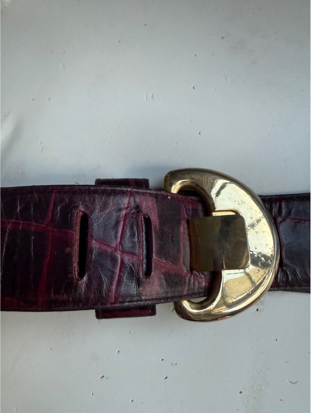 Vintage Wide Burgundy Crocodile-Embossed Leather Belt with Gold Buckle